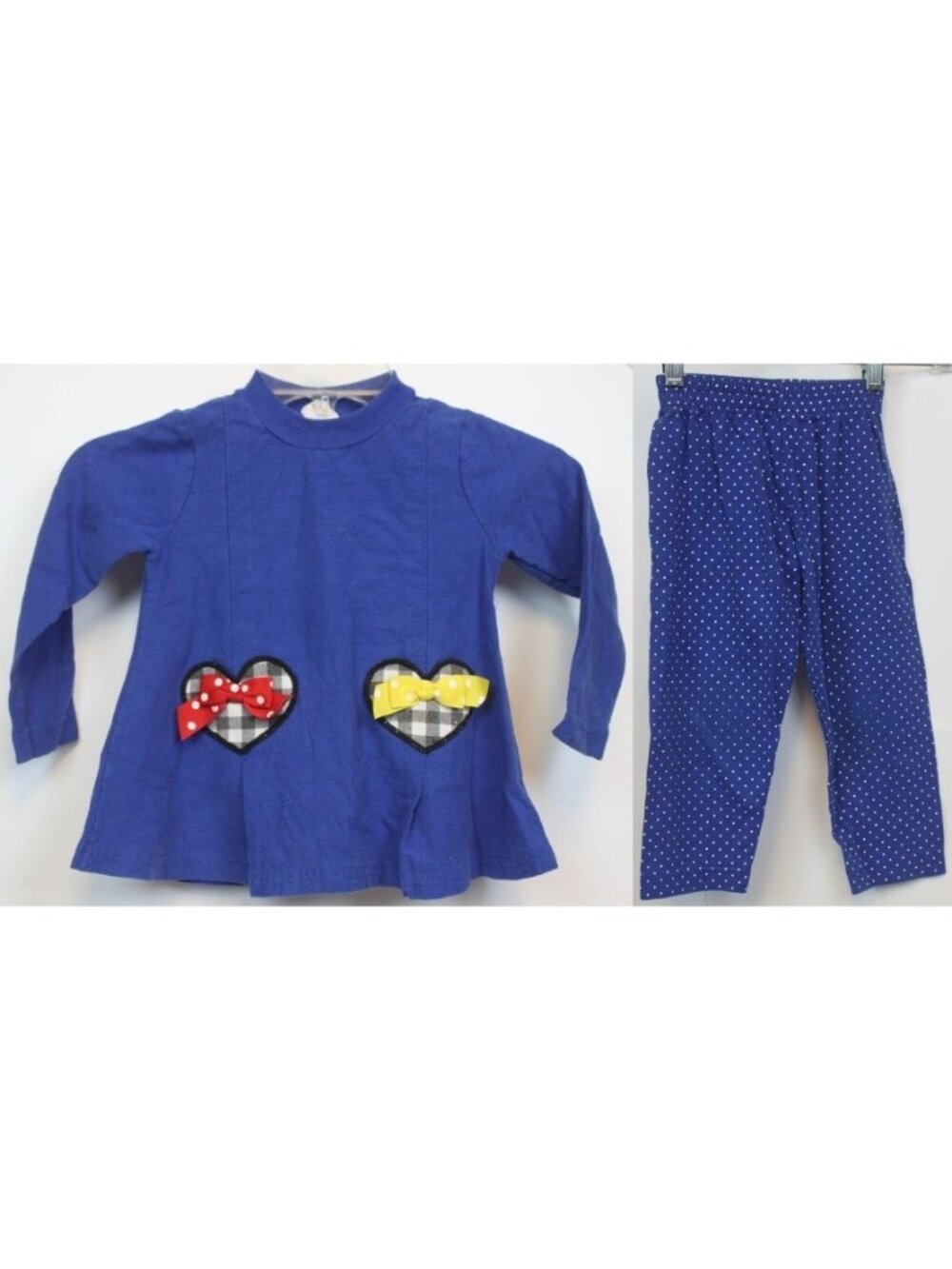 Buster Brown 2pc Outfit Shirt Leggings Blue Hearts sz 3T Polka Dots Bows Swing